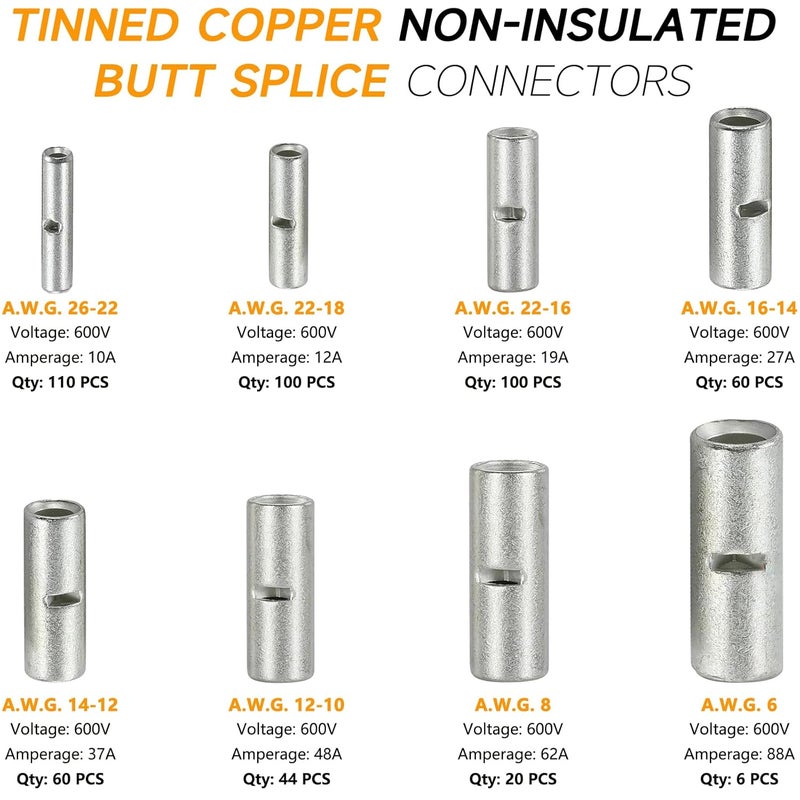 SVAAR 500PCS Non Insulated Butt Connectors 6-26 Gauge Butt Splice Kit 6-26 Gauge Wire Butt Splice, Marine Grade Tinned Copper Crimp Connectors for 26-6 AWG Wiring Uninsulated Butt Terminals - Image 2